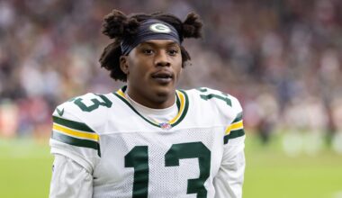Oct 19, 2025; Glendale, Arizona, USA; Green Bay Packers wide receiver Dontayvion Wicks (13) against the Arizona Cardinals at State Farm Stadium. Mandatory Credit: Mark J. Rebilas-Imagn Images
