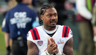 Feb 8, 2026; Santa Clara, CA, USA; New England Patriots wide receiver Stefon Diggs (8) during halftime against the Seattle Seahawks in Super Bowl LX at Levi's Stadium. Mandatory Credit: Darren Yamashita-Imagn Images