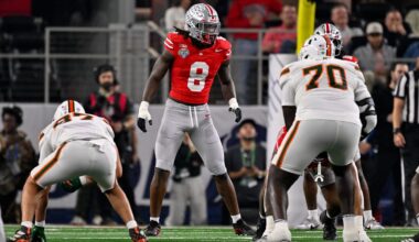 Dec 31, 2025; Arlington, TX, USA; Ohio State Buckeyes linebacker Arvell Reese (8) gets into position during the 2025 Cotton Bowl and quarterfinal game of the College Football Playoff at AT&T Stadium. Mandatory Credit: Jerome Miron-Imagn Images