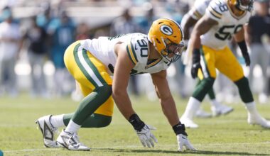 Oct 27, 2024; Jacksonville, Florida, USA; Green Bay Packers defensive lineman Lukas Van Ness (90) waits for the snap against the Jacksonville Jaguars during the second quarter at EverBank Stadium. Mandatory Credit: Morgan Tencza-Imagn Images