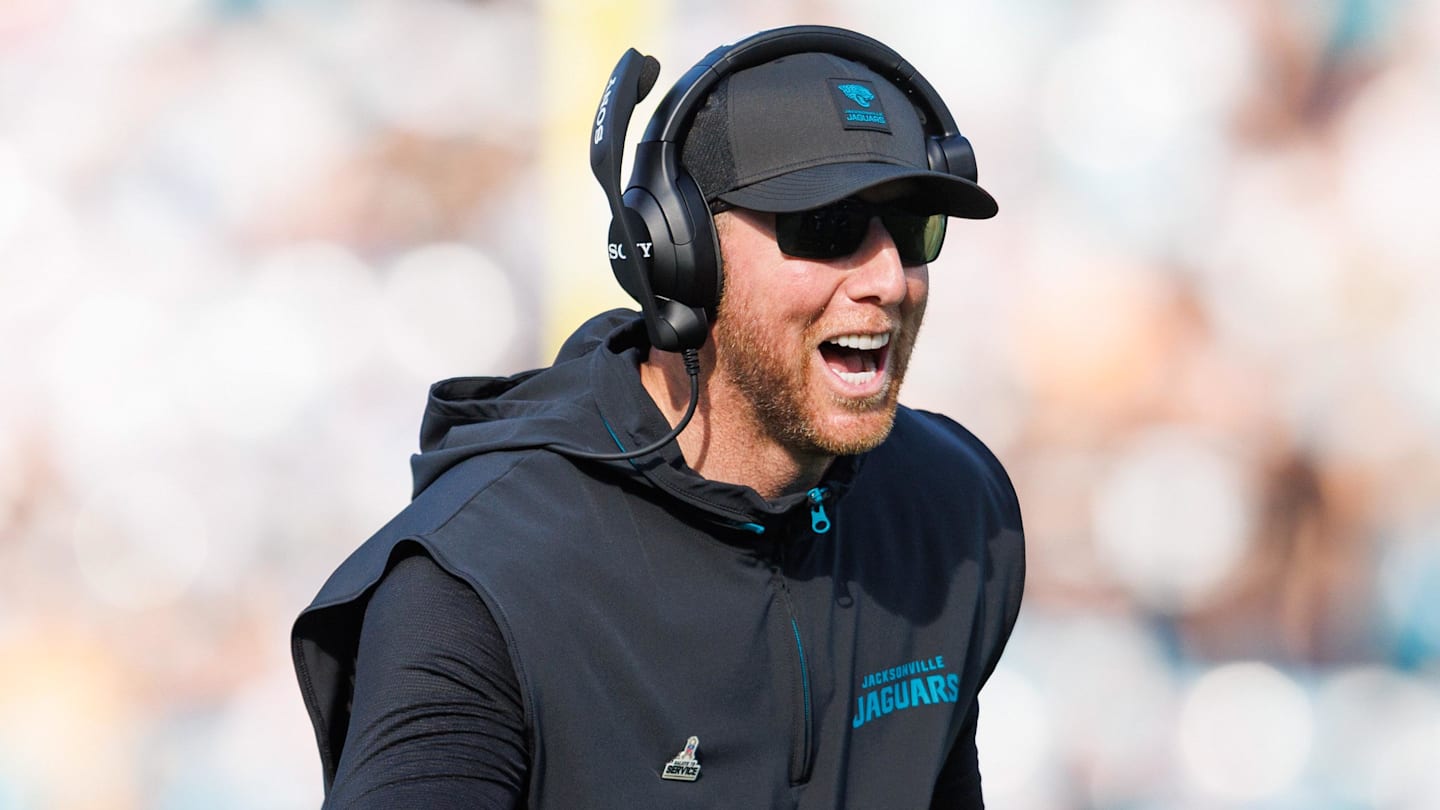 Nov 16, 2025; Jacksonville, Florida, USA; Jacksonville Jaguars head coach Liam Coen reacts to a touchdown against the Los Angeles Chargers during the third quarter at EverBank Stadium. Mandatory Credit: Morgan Tencza-Imagn Images