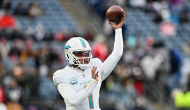 Jan 4, 2026; Foxborough, Massachusetts, USA; Miami Dolphins quarterback Tua Tagovailoa (1) throws a pass before the game against the New England Patriots at Gillette Stadium. Mandatory Credit: Brian Fluharty-Imagn Images