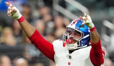Dec 28, 2025; Paradise, Nevada, USA; New York Giants outside linebacker Abdul Carter (51) reacts in the second quarter against the Las Vegas Raiders at Allegiant Stadium. Mandatory Credit: Stephen R. Sylvanie-Imagn Images