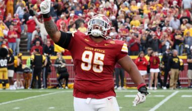 Sep 6, 2025; Ames, Iowa, USA; Iowa State Cyclones defensive lineman Domonique Orange (95) celebrates after a play against the Iowa Hawkeyes during the second half at Jack Trice Stadium. Mandatory Credit: Reese Strickland-Imagn Images