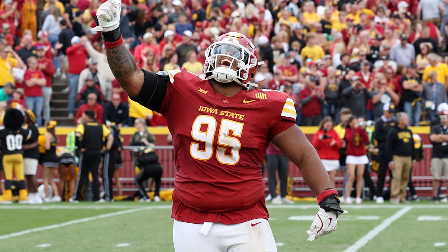 Sep 6, 2025; Ames, Iowa, USA; Iowa State Cyclones defensive lineman Domonique Orange (95) celebrates after a play against the Iowa Hawkeyes during the second half at Jack Trice Stadium. Mandatory Credit: Reese Strickland-Imagn Images