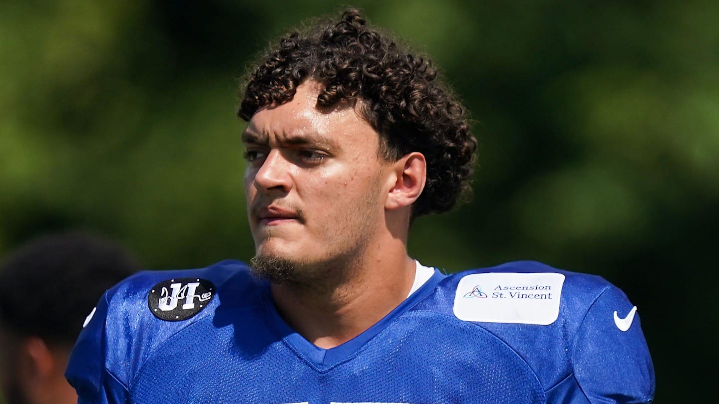 Indianapolis Colts offensive tackle Jalen Travis (75) walks up the field