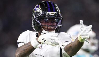 Oct 30, 2025; Miami Gardens, Florida, USA; Baltimore Ravens wide receiver Zay Flowers (4) reacts after a play against the Miami Dolphins in the third quarter at Hard Rock Stadium. Mandatory Credit: Nathan Ray Seebeck-Imagn Images