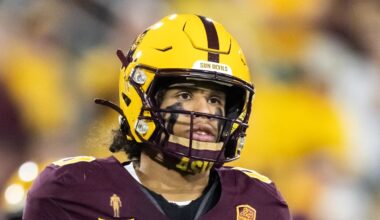 Nov 28, 2025; Tempe, Arizona, USA; Arizona State Sun Devils wide receiver Jordyn Tyson (0) against the Arizona Wildcats in the first half during the 99th Territorial Cup at Mountain America Stadium. Mandatory Credit: Mark J. Rebilas-Imagn Images