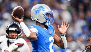 Detroit Lions quarterback Hendon Hooker (2) makes a pass against Houston Texans during the first half at Ford Field in Detroit on Saturday, August 23, 2025.