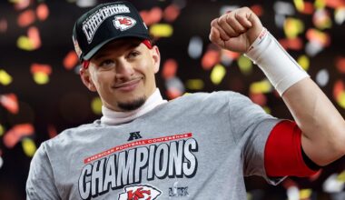 Jan 26, 2025; Kansas City, MO, USA; Confetti falls as Kansas City Chiefs quarterback Patrick Mahomes celebrates after defeating the Buffalo Bills during the AFC Championship game at GEHA Field at Arrowhead Stadium. Mandatory Credit: Mark J. Rebilas-Imagn Images