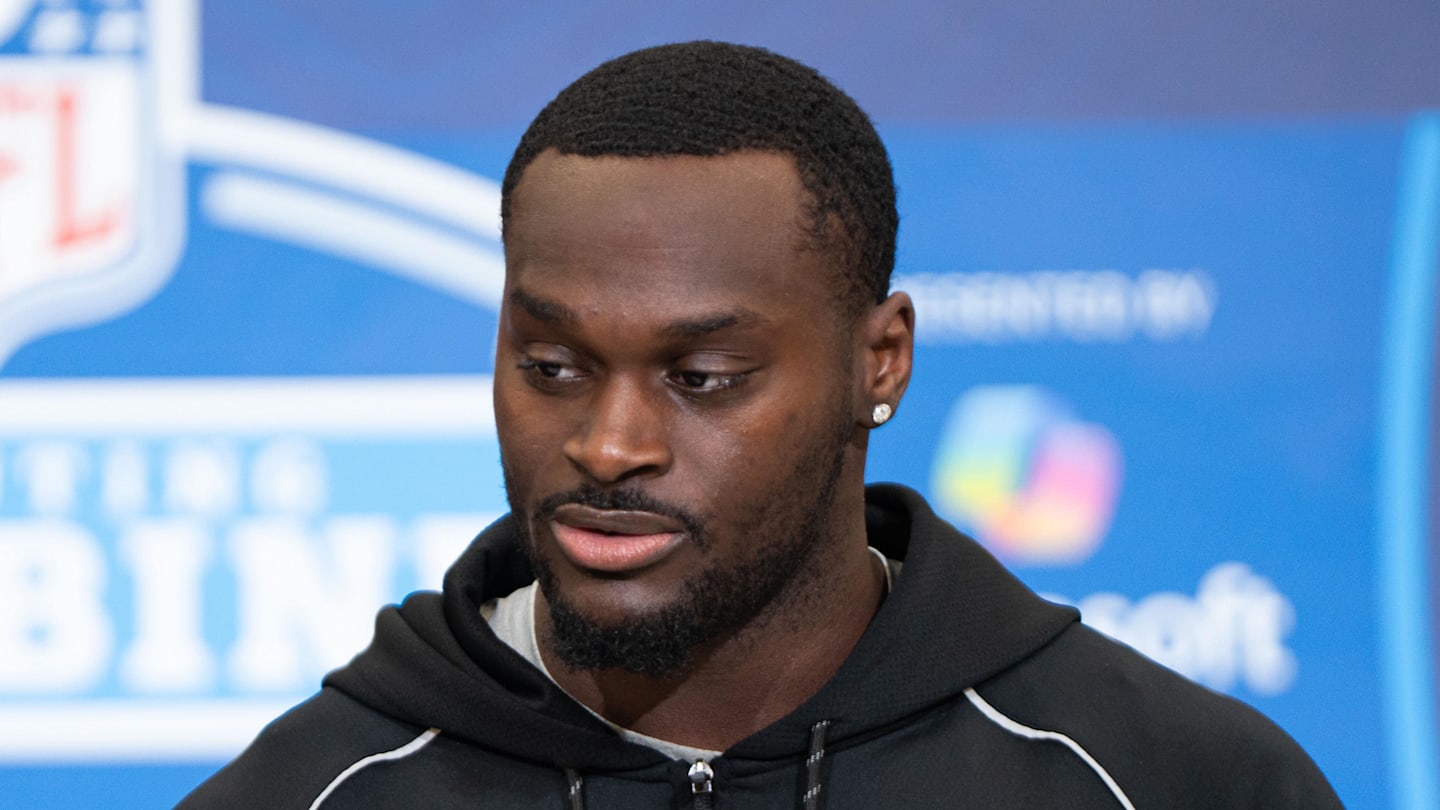 Notre Dame running back Jeremiyah Love (RB11) speaks to members of the media during the NFL Combine.