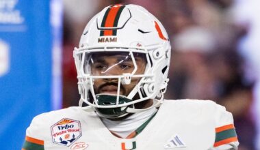 Jan 8, 2026; Glendale, AZ, USA; Miami Hurricanes defensive lineman Akheem Mesidor (3) against the Mississippi Rebels during the 2026 Fiesta Bowl and semifinal game of the College Football Playoff at State Farm Stadium. Mandatory Credit: Mark J. Rebilas-Imagn Images
