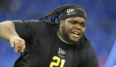 Feb 26, 2026; Indianapolis, IN, USA; Ohio State defensive lineman Kayden McDonald (DL21) during the NFL Scouting Combine  at Lucas Oil Stadium. Mandatory Credit: Kirby Lee-Imagn Images