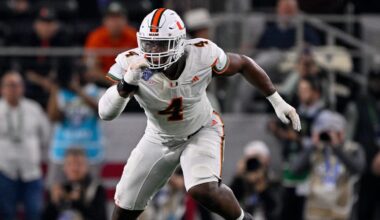Dec 31, 2025; Arlington, TX, USA; Miami Hurricanes defensive lineman Rueben Bain Jr. (4) rushes the line during the 2025 Cotton Bowl and quarterfinal game of the College Football Playoff at AT&T Stadium. Mandatory Credit: Jerome Miron-Imagn Images