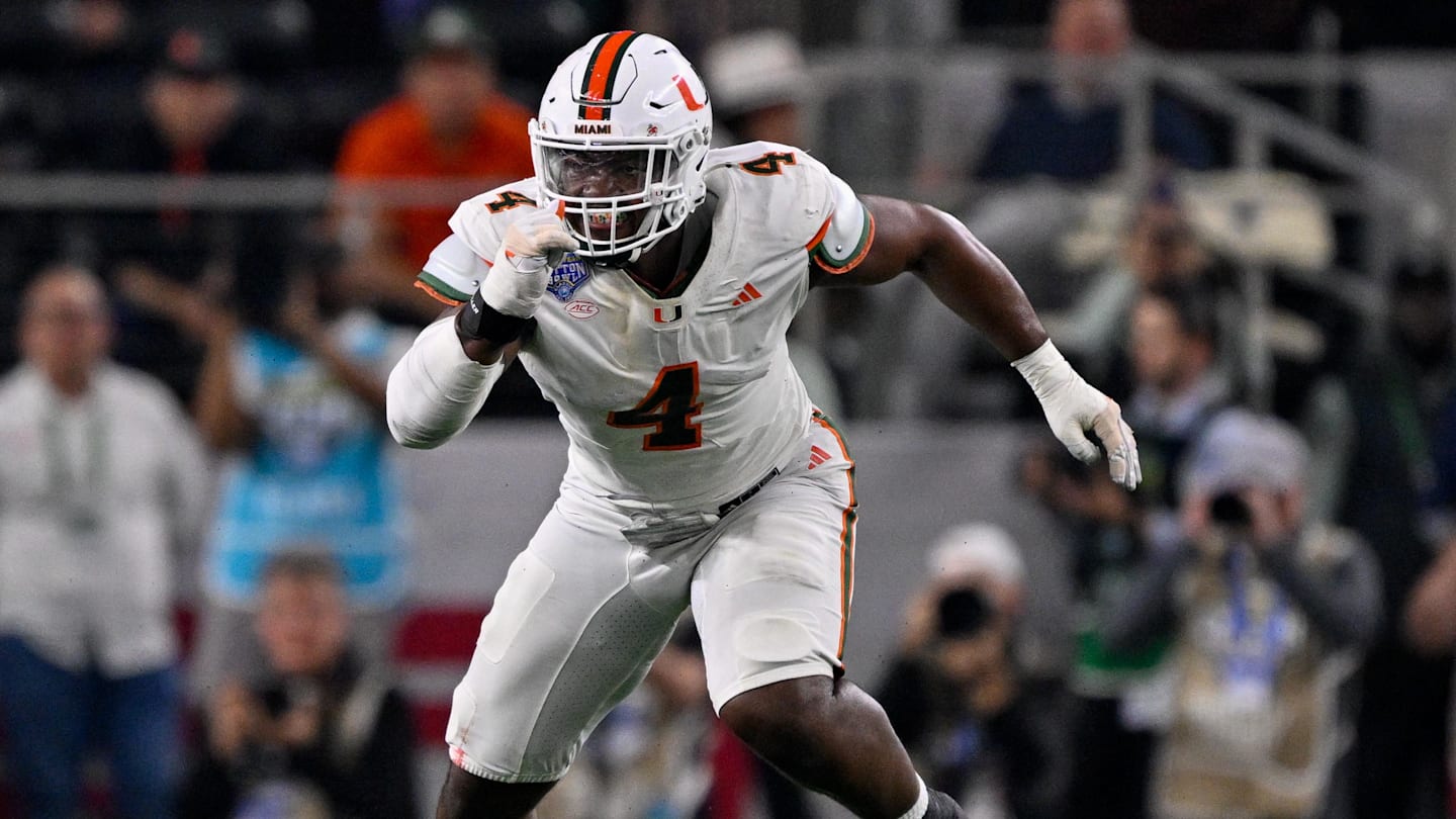 Dec 31, 2025; Arlington, TX, USA; Miami Hurricanes defensive lineman Rueben Bain Jr. (4) rushes the line during the 2025 Cotton Bowl and quarterfinal game of the College Football Playoff at AT&T Stadium. Mandatory Credit: Jerome Miron-Imagn Images