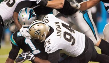 Oct 30, 2014; Charlotte, NC, USA; New Orleans Saints defensive end Cameron Jordan (94) sacks Carolina Panthers quarterback Cam Newton (1) during the second quarter at Bank of America Stadium. Mandatory Credit: Jeremy Brevard-Imagn Images