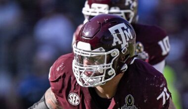 Dec 20, 2025; College Station, TX, USA; Texas A&M Aggies offensive lineman Chase Bisontis (71) blocks the rush during the game between the Aggies and the Hurricanes at Kyle Field.