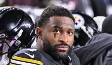 Pittsburgh Steelers wide receiver DK Metcalf sits on the bench