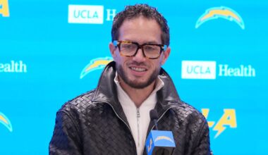 January 27, 2026; El Segundo, California, USA; Los Angeles Chargers offensive coordinator Mike McDaniel speaks at introductory press conference at The Bolt. Mandatory Credit: Kirby Lee-Imagn Images