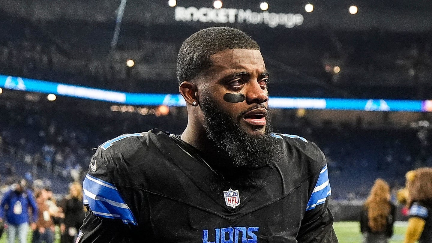 Detroit Lions cornerback Amik Robertson (21) is emotional as he exits the field after 31-9 win over Minnesota Vikings at Ford Field in Detroit on Sunday, Jan. 5, 2025.