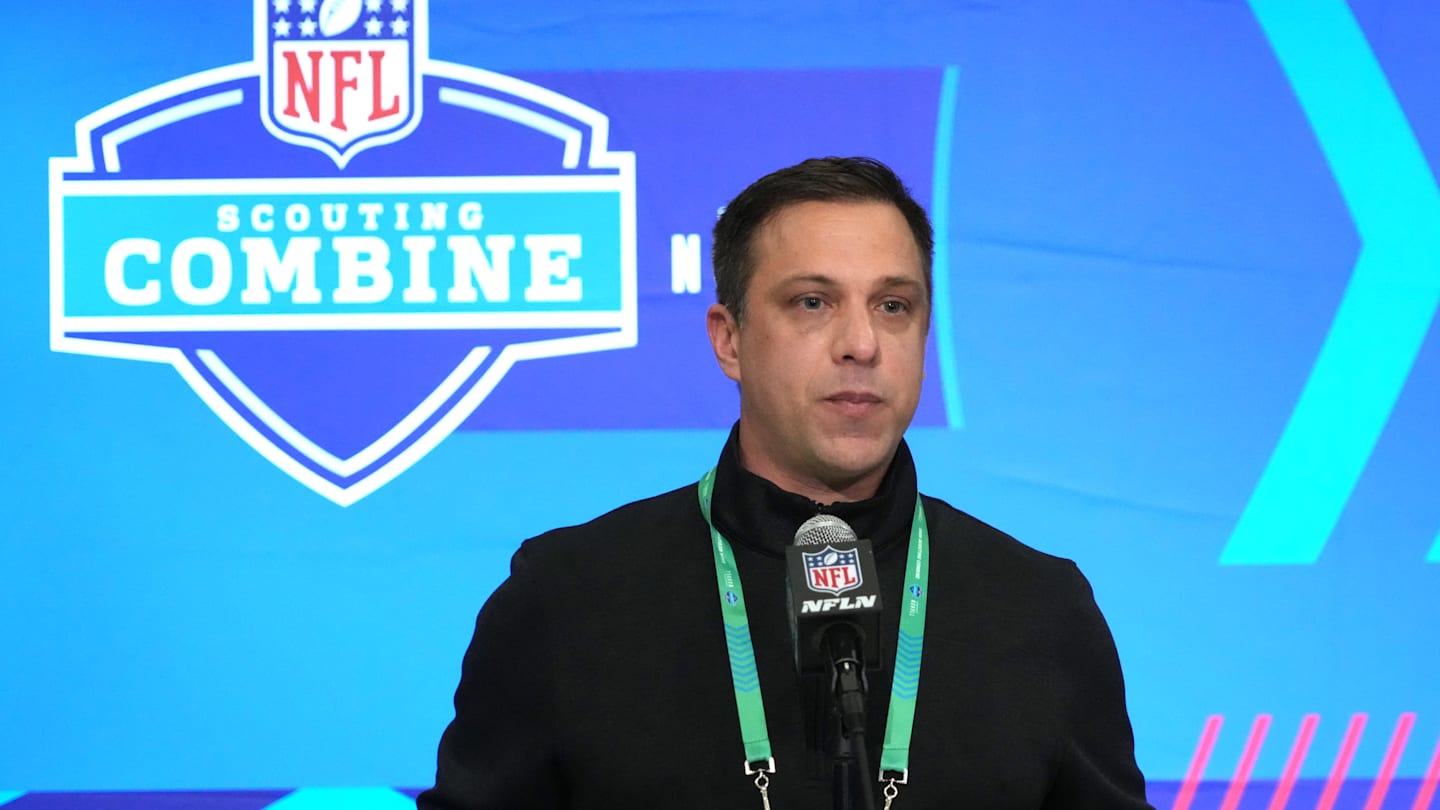 Feb 27, 2024; Indianapolis, IN, USA; Kansas City Chiefs general manager Brett Veach speaks during a press conference at the NFL Scouting Combine at Indiana Convention Center. Mandatory Credit: Kirby Lee-Imagn Images