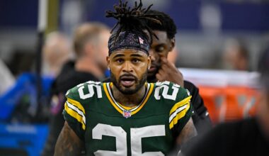 Sep 28, 2025; Arlington, Texas, USA; Green Bay Packers cornerback Keisean Nixon (25) looks on from the sidelines during the game between the Dallas Cowboys and the Green Bay Packers at AT&T Stadium. Mandatory Credit: Jerome Miron-Imagn Images