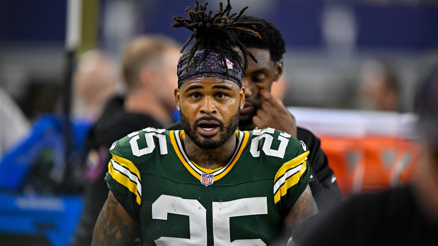Sep 28, 2025; Arlington, Texas, USA; Green Bay Packers cornerback Keisean Nixon (25) looks on from the sidelines during the game between the Dallas Cowboys and the Green Bay Packers at AT&T Stadium. Mandatory Credit: Jerome Miron-Imagn Images