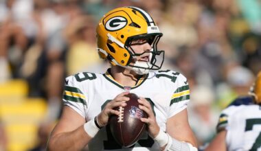 Green Bay Packers quarterback Taylor Elgersma throws during a 2025 NFL preseason game against the Seattle Seahawks