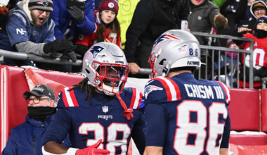 Jan 4, 2026; Foxborough, Massachusetts, USA; New England Patriots running back Rhamondre Stevenson (38) celebrates with wide receiver Efton Chism III (86) after scoring a touchdown against the Miami Dolphins during the fourth quarter at Gillette Stadium.  Mandatory Credit: Brian Fluharty-Imagn Images