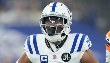Indianapolis Colts cornerback Kenny Moore II (23) reacts after taking down Denver Broncos wide receiver Troy Franklin (11) on Sunday, Sept. 14, 2025, during a game at Lucas Oil Stadium in Indianapolis.