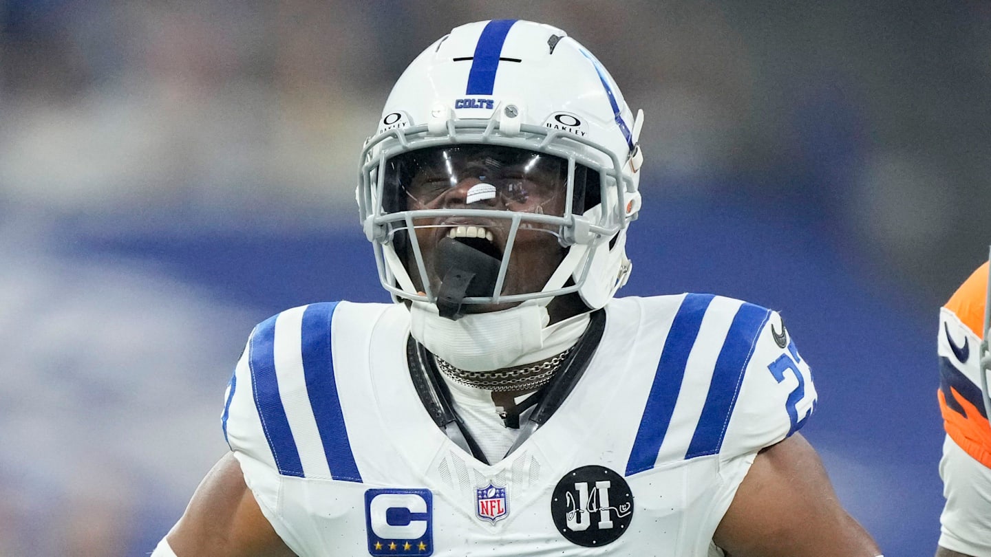 Indianapolis Colts cornerback Kenny Moore II (23) reacts after taking down Denver Broncos wide receiver Troy Franklin (11) on Sunday, Sept. 14, 2025, during a game at Lucas Oil Stadium in Indianapolis.