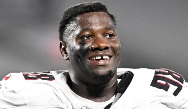 Oct 13, 2024; Charlotte, North Carolina, USA; Atlanta Falcons defensive tackle Ruke Orhorhoro (98) walks off the field after the game at Bank of America Stadium. Mandatory Credit: Bob Donnan-Imagn Images