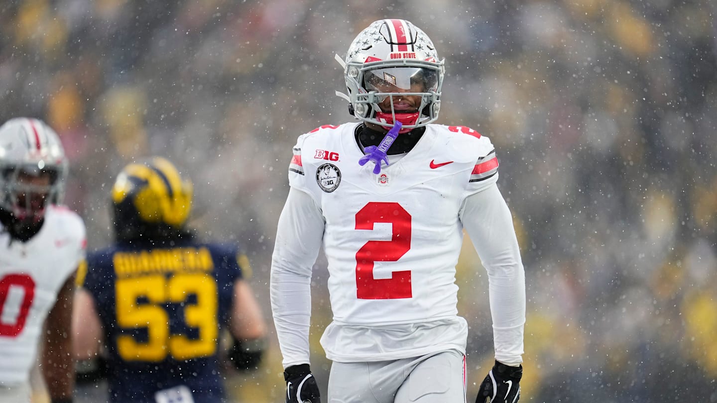 Ohio State Buckeyes defensive back Caleb Downs (2) celebrates during the NCAA football game against the Michigan Wolverines at Michigan Stadium in Ann Arbor, Mich. on Nov. 29, 2025. Ohio State won 27-9.