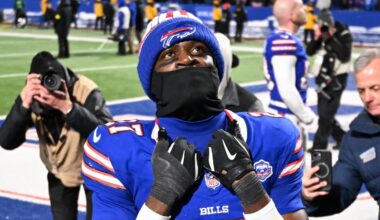 Jan 4, 2026; Orchard Park, New York, USA; Buffalo Bills cornerback Tre'davious White (27) reacts after the game against the New York Jets at Highmark Stadium. Mandatory Credit: Mark Konezny-Imagn Images