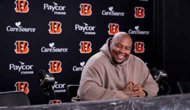 Newly signed Cincinnati Bengals defense tackle Dexter Lawrence speaks in a press conference for the first time since joining the team at Paycor Stadium in Cincinnati on Monday, April 20, 2026.