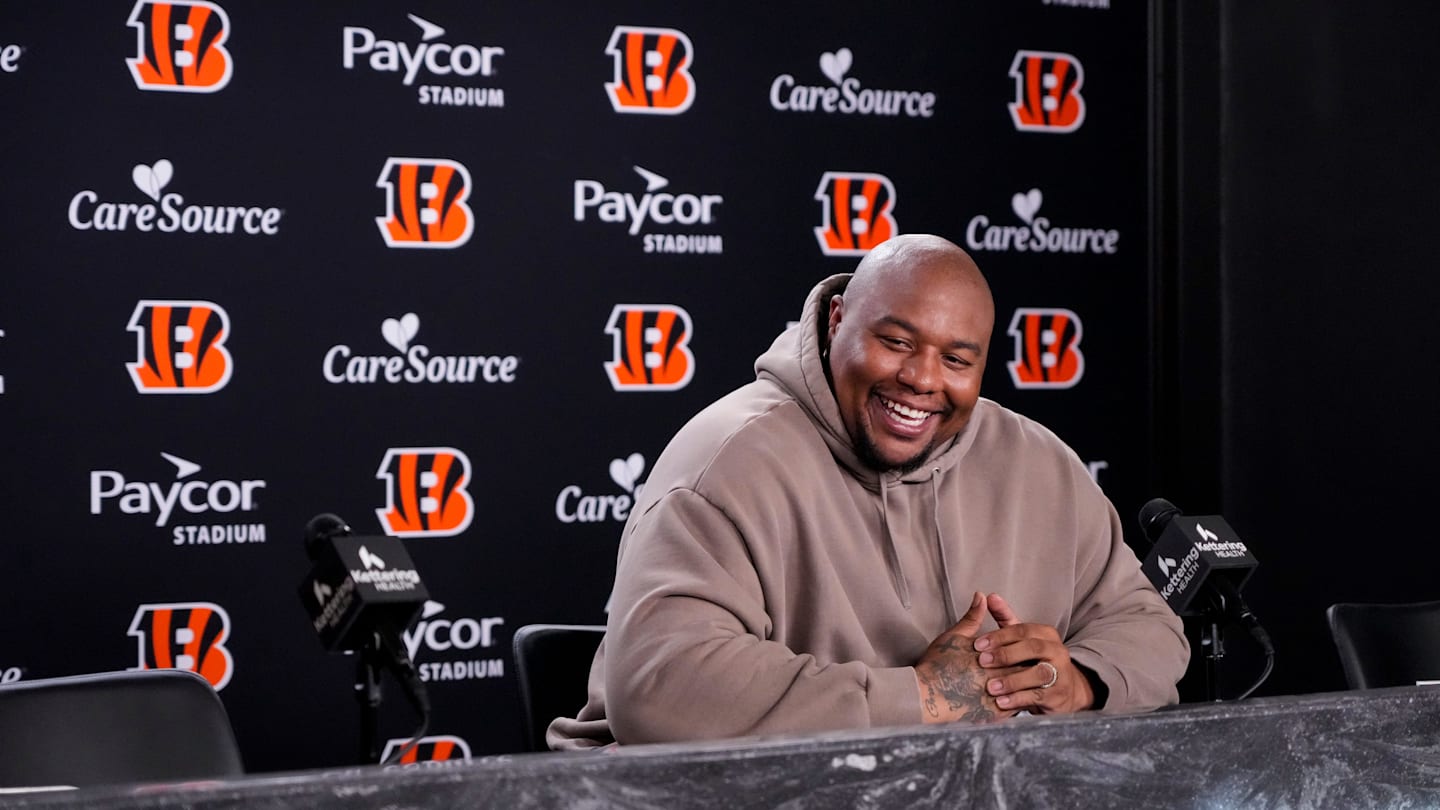 Newly signed Cincinnati Bengals defense tackle Dexter Lawrence speaks in a press conference for the first time since joining the team at Paycor Stadium in Cincinnati on Monday, April 20, 2026.