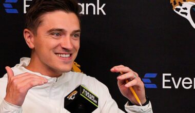 Jacksonville Jaguars General Manager James Gladstone talks about the process of making a list of who they want to draft and how that changes if another team picks their pick during the Jaguars’ annual pre-draft luncheon press conference in the media room at the Miller Electric Center Thursday April 9, 2026 in Jacksonville Fla. [Doug Engle/Florida Times-Union]