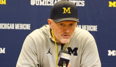 Apr 18, 2026; Ann Arbor, MI, USA; Michigan Wolverines head coach Kyle Whittingham gives remarks following the spring game at Michigan Stadium. Mandatory Credit: Brian Bradshaw Sevald-Imagn Images