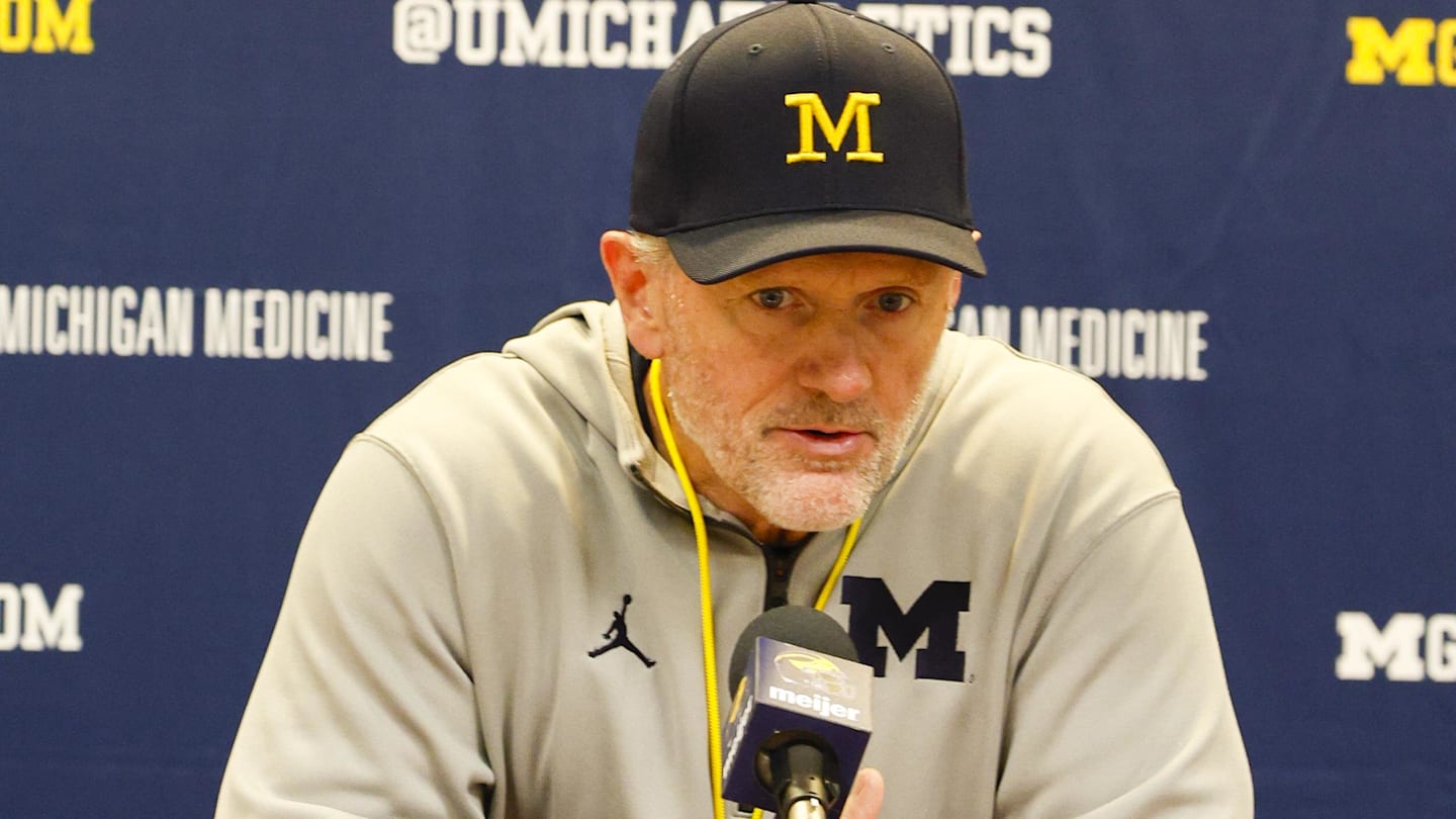 Apr 18, 2026; Ann Arbor, MI, USA; Michigan Wolverines head coach Kyle Whittingham gives remarks following the spring game at Michigan Stadium. Mandatory Credit: Brian Bradshaw Sevald-Imagn Images