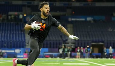 Feb 28, 2026; Indianapolis, IN, USA; Indiana wideout Elijah Sarratt (WO34) during the NFL Scouting Combine at Lucas Oil Stadium. Mandatory Credit: Kirby Lee-Imagn Images