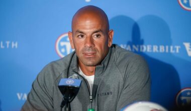 Coach Robert Saleh takes questions as the Titans present their first two NFL Draft selections wide receiver Carnell Tate and edge defender Keldric Faulk at their practice facility in Nashville, Tenn., Friday, April 24, 2026.