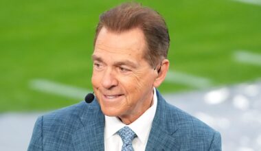 Jan 1, 2026; Pasadena, CA, USA; Nick Saban on the ESPN College Gameday set during the 2026 Rose Bowl and quarterfinal game of the College Football Playoff at Rose Bowl Stadium. Mandatory Credit: Kirby Lee-Imagn Images