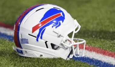 Sep 7, 2025; Orchard Park, New York, USA;  Detailed view of Buffalo Bills helmet on the field prior to the first quarter against the Baltimore Ravens at Highmark Stadium. Mandatory Credit: Gregory Fisher-Imagn Images