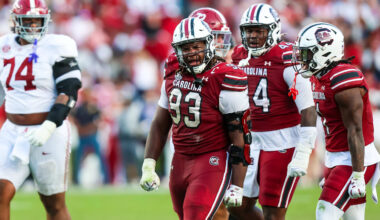 Oct 25, 2025; Columbia, South Carolina, USA; South Carolina Gamecocks defensive lineman Nick Barrett (93) reacts to a stop against the Alabama Crimson Tide in the second half at Williams-Brice Stadium. Mandatory Credit: Jeff Blake-Imagn Images