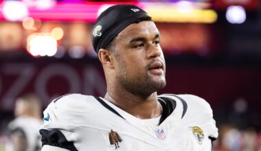 Nov 23, 2025; Glendale, Arizona, USA; Jacksonville Jaguars defensive tackle Arik Armstead (91) against the Arizona Cardinals at State Farm Stadium.