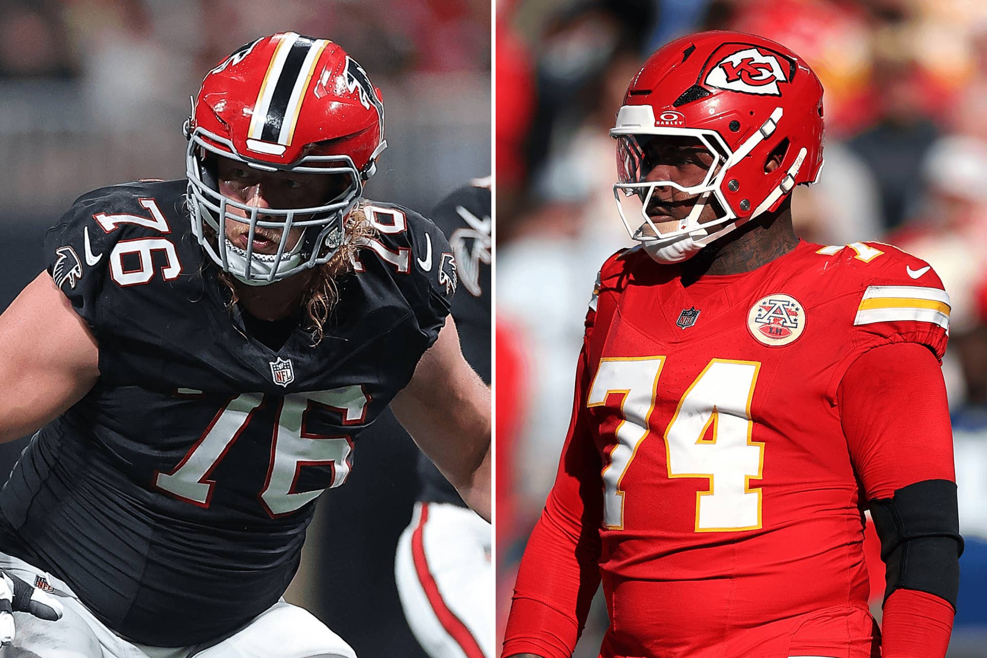 Side-by-side photos of Atlanta Falcons tackle Kaleb McGary and former Kansas City Chiefs tackle Jawaan Taylor.