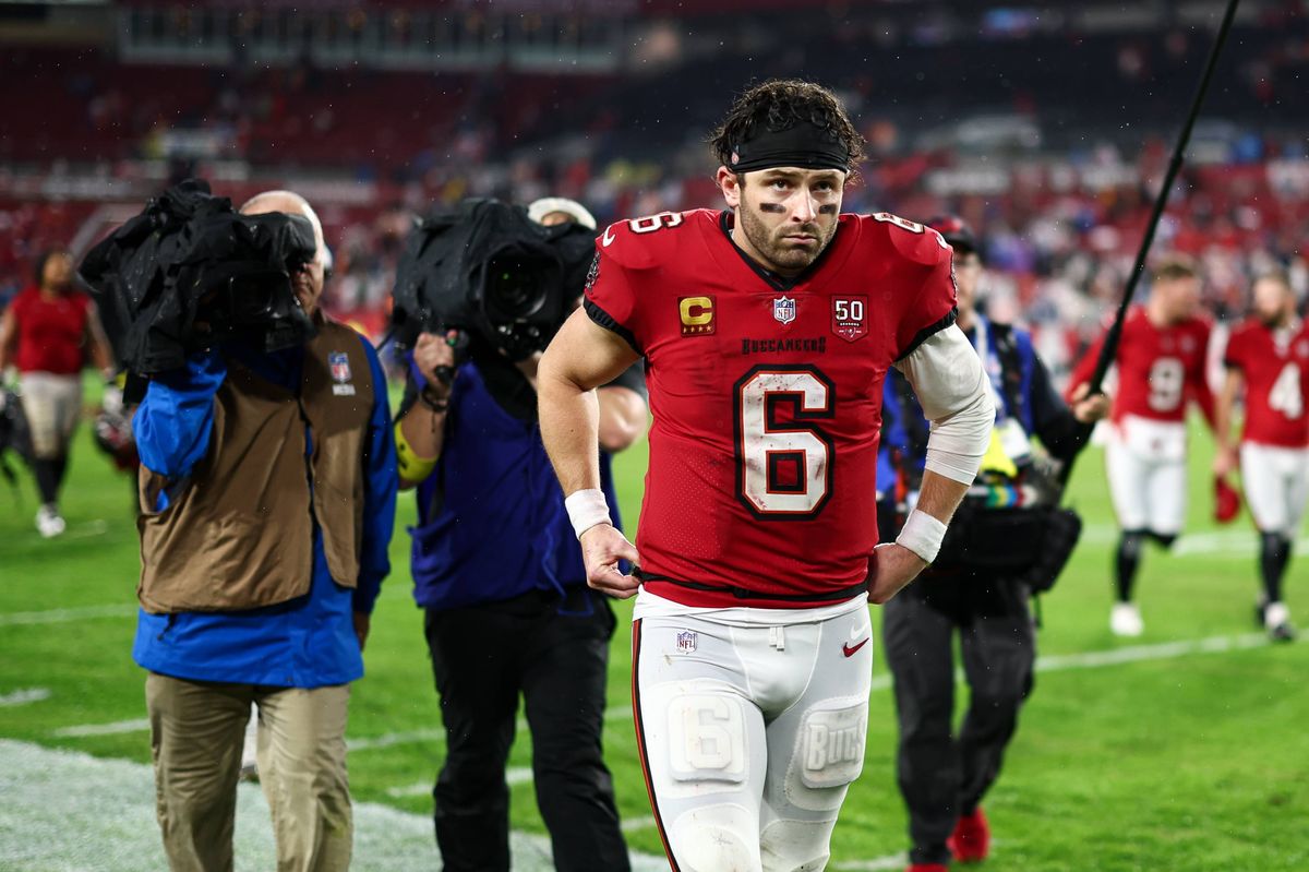 Baker Mayfield #6 of the Tampa Bay Buccaneers walks off the field after winning the game against the Carolina Panthers at Raymond James Stadium on January 3, 2026 in Tampa, Florida