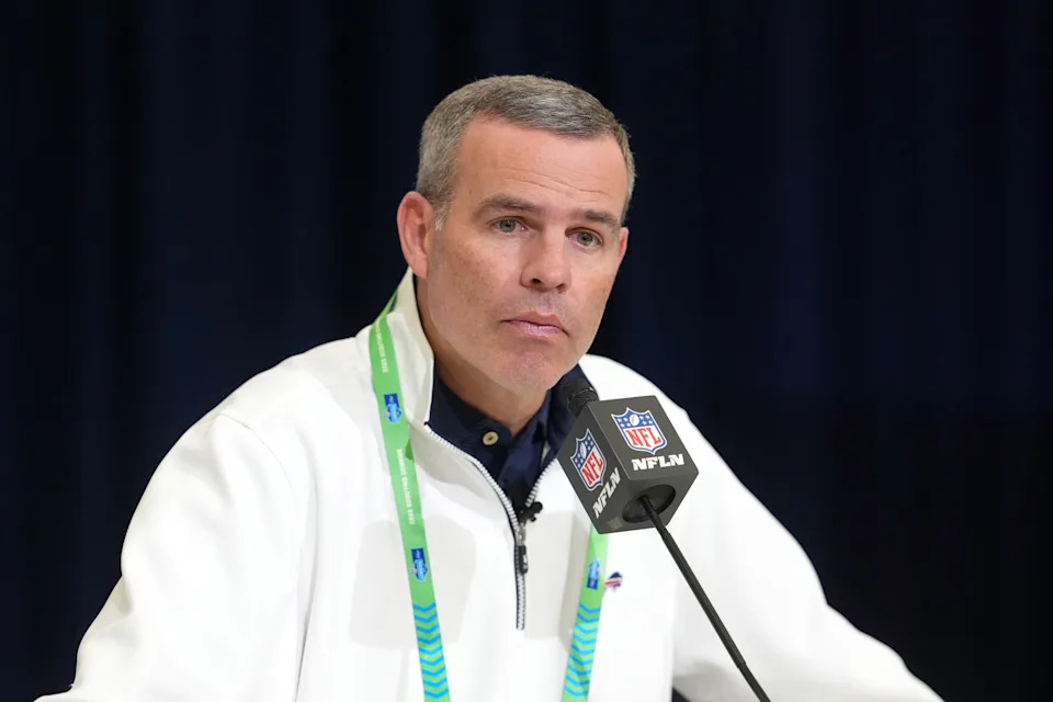 Feb 24, 2026; Indianapolis, IN, USA; Buffalo Bills general manager Brandon Beane speaks at the NFL Scouting Combine at the Indiana Convention Center. Mandatory Credit: Kirby Lee-Imagn Images