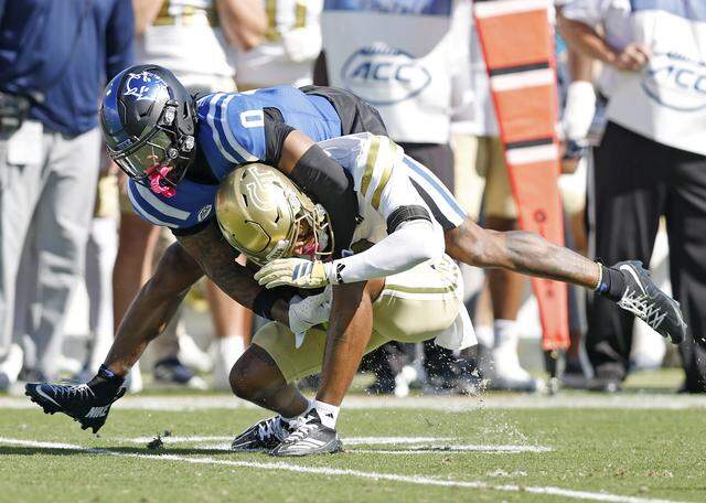 Duke’s Chandler Rivers pressures Georgia Tech’s Eric Rivers during the second half of the Blue Devils’ 27-18 loss on Oct. 18, 2025, at Wallace Wade Stadium in Durham.