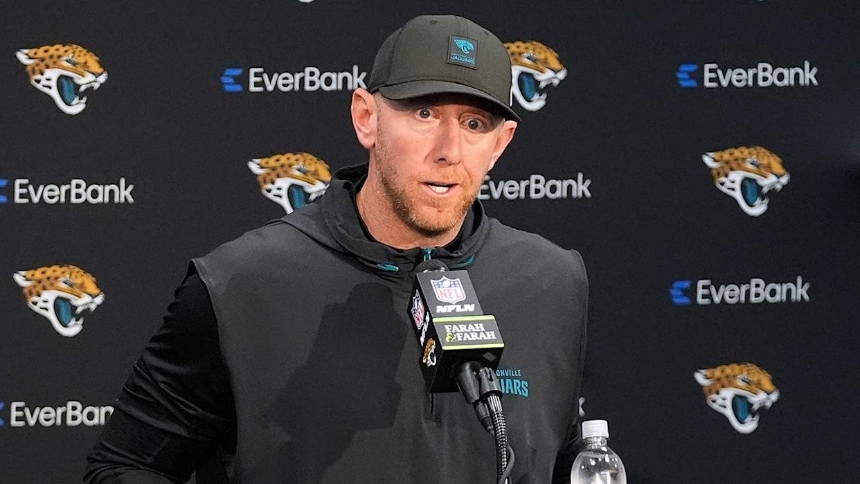 Jacksonville Jaguars head coach Liam Coen talking to reporters
